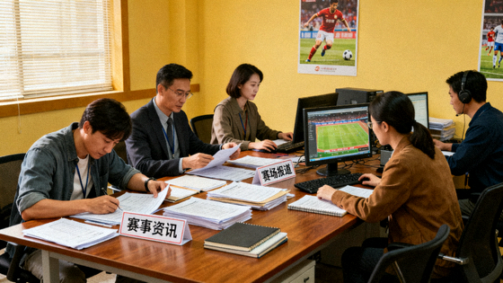 体育新闻编辑部整理赛事资讯与赛场报道的工作场景